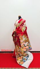 used　色打掛　赤金箔松に流水　鶴　牡丹　L判　結婚式　花嫁様　保管箱付き