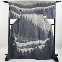 訪問着 身丈169.5cm 裄丈67cm M 袷 紬地 落款 樹木 シルエット 灰色 正絹 名品 【中古】