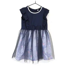 エニィファム anyFam ワンピース ドレス フォーマル 切替 パール レース装飾 フリル リボン装飾 チュール 花柄 総柄 ストレッチ ノースリーブ 110 紺 ネイビー マルチカラー 女の子 KIDS