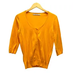 ザラ ZARA ニットカーディガン クルーネック 無地 七分袖 M オレンジ