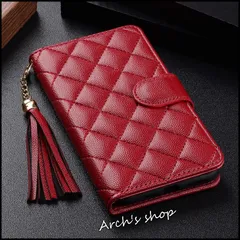 お洒落 キルティング調 手帳型 iPhoneケース iPhone11 iPhone13 iPhone13pro レッド タッセルストラップ付き 高級感