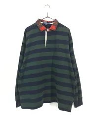 古着 90s Polo Ralph Lauren チェック襟 紺×緑 ボーダー ラガー ラグビー シャツ L 古着