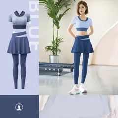 ヨガウェア 上下セット レディース 吸汗速乾 セットアップ レイヤード風 重ね着風 半袖 トップス ロング丈 ボトムス ハイウエスト Tシャツ タイツ スポーツウェア ジム フィットネスウェア ランニング ジョギング ウォキング  nianxiang01