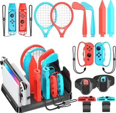 Switch Sports用アクセサリ Switchスポーツセット 【15 in 1セット】Kytok スイッチスポーツ用周辺機器 Joy-Conアクセサリ 収納スタンド Switchドック収納 Switchスポーツアタッチメント収納 体感ゲーム対応 対