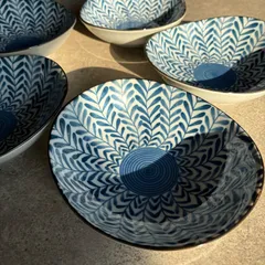 美濃焼　17cm 楕円鉢　５枚セット　シダ柄　和食器　オーバル　楕円　青　渦巻き　深皿 染付  皿 盛り皿　葉柄　花柄　中鉢