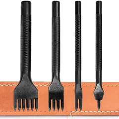 【特価商品】目打ち 5MM 革 穴あけ間隔 ポンチ 革細工 縫い穴 レザークラフト ポンチセット 菱目打ち丸穴 打ち具1２４６歯 4本セット KEWAYO