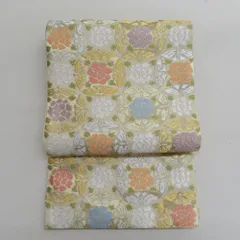 袋帯 正絹 クリーム色ｘ金色ｘ多色 蝶々に花紋 パステル系 六通柄 金糸銀糸 フォーマル 礼装 長さ448cm