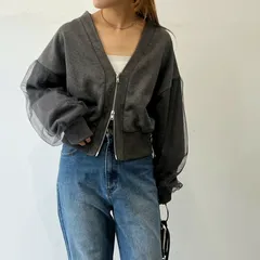 袖チュールカーディガン  ダブルジップチュールドッキングダブルジップスウェットカーディガン レディース アウター トップス ショート丈 ゆったり 羽織り 上着 スエット シアー 透け感 体型カバー きれいめ