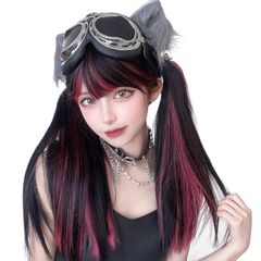 ブラック&ザクロレッド ネット/櫛付き 黒 人気 小顔 小顔 耐熱 韓国風 ぱっつん前髪 ロングヘア ウイッグ wig カツラ カツラ レディーズ ロングウィッグ フルウィッグ 女装 黒髪 ウィッグ ウィッグ 自然 かつら インナーカラー ストレート ロング
