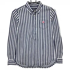 【超美品】パーリーゲイツ 長袖ポロシャツ ライトグレー×ネイビー ストライプ ボタンダウン レディース 0(S) ゴルフウェア PEARLY GATES