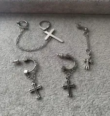 ピアス 十字架 クロス 4点セット かっこいい シルバーアクセサリー 特価品 ロングチェーン チェーンピアス