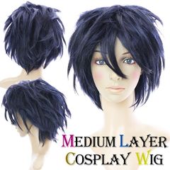 ミディアムレイヤーウィッグ ダークブルーブラック コスプレウィッグ ショート 男装