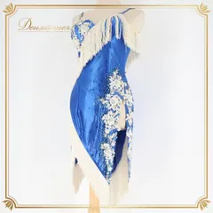 社交ダンス 衣装 ラテン ドレス ラテンドレス ワンピース 青 白 ホワイト フリンジ デモ 競技 パーティ 発表会 ブルー系 ホワイト系 光沢感 かわいい おしゃれ エレガント ファッション ダンス衣装 競技用 フリンジ付き ショート丈 ステージ用 大人用