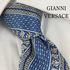 《美品》GIANNI VERSACE (ジャンニベルサーチ) シルクネクタイ 総柄 ストライプ ブルー グレー
