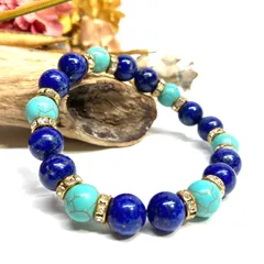 ラピスラズリ&ターコイズ パワーストーン ブレスレット (ゴールド) 10mm メンズ・レディース 成功 人間関係 ストレス お守り #2  ☆
