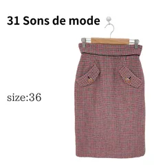 31 Sons de mode トランテアンソンドゥモード スカート ひざ丈スカート タイト チェック柄 ハウンドトュース レディース レッド ネイビー チェック柄 36