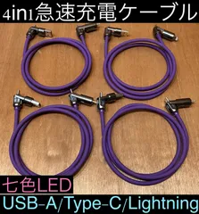 4本 パープル 4in1急速充電ケーブル 最大240w シリコンケーブル USB-A T ype-C Lightning 七色LED iPhone スマホ パソコン 携帯 PD 1m 3a 流れるLED USB A タイプC typec ライトニング 亜鉛合金