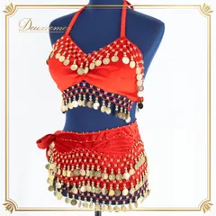 【ベリーダンス用 オリエンタル衣装】レッド系 ゴールドコイン ラメ ビーズ 装飾 赤 ベロア生地 2点セット 鮮やか 豪華 オシャレ ベリーダンス コスチューム 衣装 かわいい おしゃれ ヒップスカーフ ダンス セットアップ 踊り用