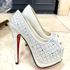 【再入荷】【14cmヒール】【22.5cm～25.0cm】ホワイト ￥5,900 BENEDETTA/ベネデッタ スクエアビジュー×ラメオープントゥハイヒールパンプス 3220