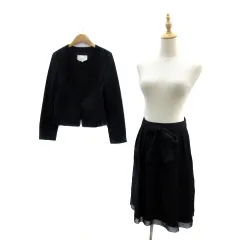 ナチュラルビューティー NATURAL BEAUTY フォーマル セットアップ 上下 ノーカラージャケット ショート丈 フレアスカート ギャザースカート ひざ丈 リボンベルト付き ウール 上38 下40 紺 ネイビー /YS4