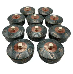 九谷焼  清峰造 青粒鉄仙 蓋付湯呑 10客 中古 D4