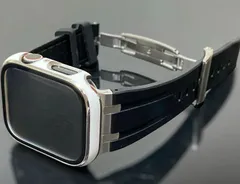 ホワイトシルバーライン＆強化型別注シルバーバックル　アップルウォッチ ラバーベルト Apple Watch ケース　カバー ultra ウルトラ　38mm 40mm 41mm 42mm 44mm 45mm 49mm Apple Watch バンド