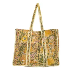 トートバッグ　コットンキルト　リバーシブル　ブロックプリント　イエロー