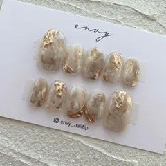 ネイルチップ＊水彩ブラウンベージュ ホワイト ニュアンス ミラー ゴールド 淡色 秋冬 前撮り 振袖 和装 袴 成人式 ブライダル 結婚式