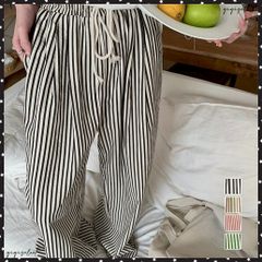 ストライプセミワイドパンツ ハイウエスト カジュアルイージーパンツ レディース ゆったりボトムス 薄手ロングパンツ ウエストゴム 春夏ストレートパンツ ポケット付 着やせ部屋着パンツ 涼しい楽ちんパンツ 美脚脚長体型カバー