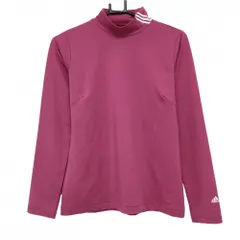 【美品】アディダス 長袖ハイネックシャツ ピンク×白 襟3ライン 袖ロゴ レディース M/M ゴルフウェア adidas