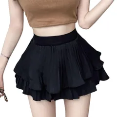 [AQUA Marine] フリルミニスカート レディース ティアード インナーパンツ付き ハイウエスト フレアデザイン ガーリー 大人可愛い 韓国ファッション 美脚 細見え シンプル (JP, アルファベット, M, ブラック) [ブラック] [M]