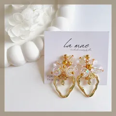 キュート♡【304ステンレス ポスト 24KGP 本金メッキ】 ゴールド メタル ハート オーロラ クリア ジャラジャラ キラキラ ピアス ビーズ ワイヤー ハンドメイドピアス アレルギー対応 【イヤリング変更可能】