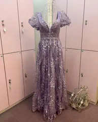 ♡サンプル品 ロングドレス 花柄 半袖レース スリット 上品レース調 Vネック インポート