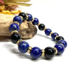 ラピスラズリ&オニキス パワーストーン ブレスレット  12mm (ゴールド) 9月・12月誕生石 メンズ・レディース 男性・女性  数珠 ネイビー 幸運  □