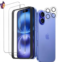 フイルム 用の 強化液晶保護フィルム 用のガラスフィルム（2枚）+カメラフィルム（2枚）iphone16 16 ワンタッチ貼付け/気泡ゼロ/ケースと干渉せず/硬度9H/飛散防止/指紋防止/指紋認証対応 【2+2枚セット】iphone