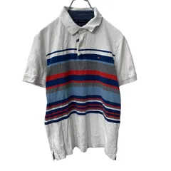 TOMMY HILFIGER 半袖ポロシャツ M ホワイト×グレー×ブルー×レッド ボーダー柄 ワンポイントロゴ刺繍 古着卸 アメリカ仕入 a707-5158