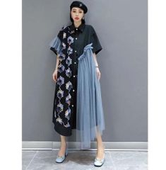 レディース シャツワンピース 夏 ロング 半袖 大きいサイズ 切替 チュール ゆったり 可愛い LWDA143(フリー)