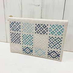 深型ポーチ【十字タイル 青系】　刺し子・綿麻・コットン
