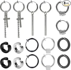 【在庫処分】8ペア フェイクピアス メンズ イヤリング イヤーカフ メンズノンホールピアス メンズ レディース フープピアス めんず 人気 リング ピアス 男性 女性 両耳用 片耳 サージカルステンレス316L 金属アレルギー対応 シルバー ブラック