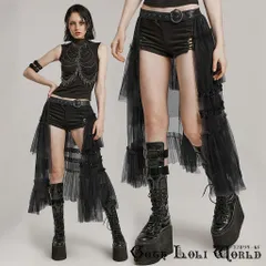 WQ-704BQF-BK ベルト留めアシンメトリーティアードチュール カバースカート 黒色 ファッション ゴシック ゴスロリ パンク ロック ビジュアル系 V系 モード系 地雷系 サブカル 個性的 コスプレ ライブ ステージ 舞台 仮装 骨格 衣装