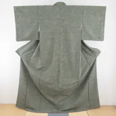 小紋 ポリエステル 緑色ｘ茶色 幾何学に唐草花模様 袷 広衿 仕立て上がり 身丈165cm