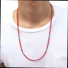 3mm 赤ビーズネックレス ターコイズストーンmix 長さ60cm