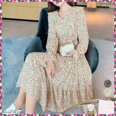 送料無料 ティアードワンピース 花柄ワンピース韓国 レディース ハイウエスト 総柄 ロングワンピース 体型カバーフレアワンピース 長袖 春秋服 きれいめ Vネックワンピース リゾートワンピ旅行 20代30代40代 大人可愛い ワンピ