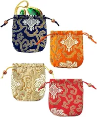 KITAX 巾着袋 和風小物入れ 4個セット 和柄 ジュエリーポーチ ギフトバッグ ブロケード生地(青、橙色、薄黄色、赤)