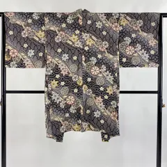 【美品】 羽織 身丈101.5cm 裄丈64cm M 舟 菊 金彩 黒灰 正絹 逸品 【中古】