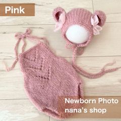 ピンク♪リボンくま耳帽子と編み模様のオーバーオール　ニューボーンフォト撮影衣装
