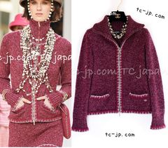 シャネル カーディガン CHANEL ワインレッド やわらか極上 カシミヤ シルク ジッパー ニット トップス ランウェイ登場 超美品 36 38カールラガーフェルド