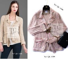 シャネル カーディガン CHANEL ベージュ ピンク スパンコール 春夏 サマー コットン シルク ストレッチ ニット サッシュベルト付 美品 38 40 カールラガーフェルド