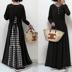 ★ロングワンピース　春秋冬　ワンピース チェックワンピース 切り替え フェイク レイヤード風 レディース 後ろリボン付き