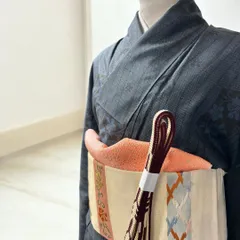 紺地×黒の花模様　一元大島紬　袷　【A】